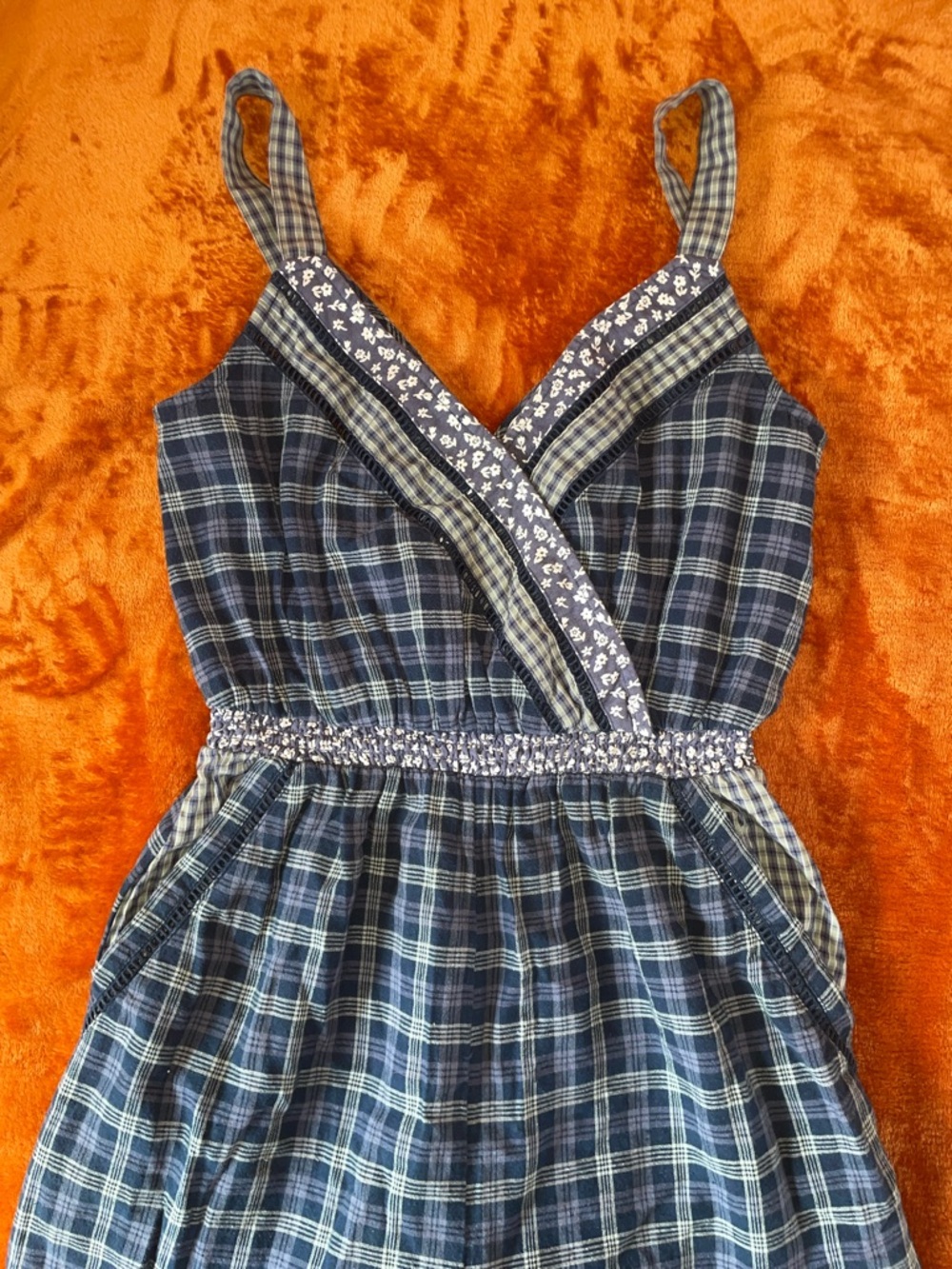 American Eagle Outfitters Navy Plaid Wide Leg Jumpsuit